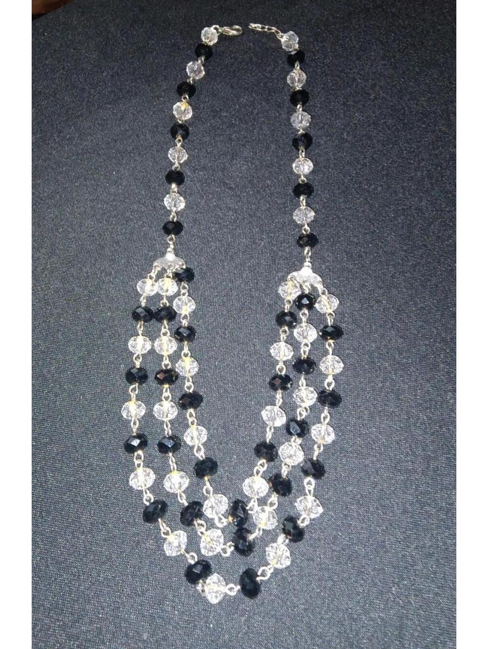 Triple Strand Faceted Clear & Black Crystal Glass Bead Choker 1030s Inspired